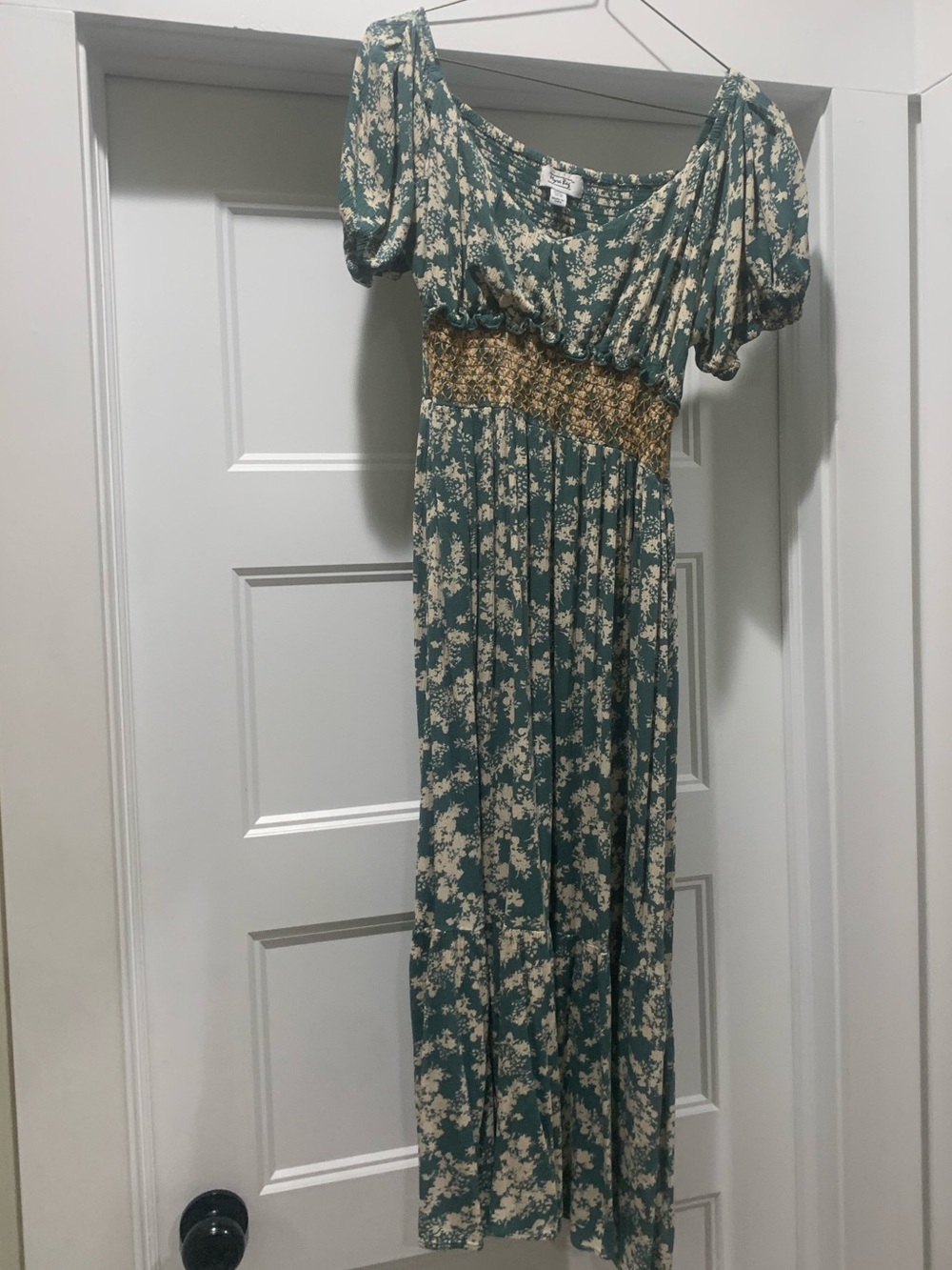 Myra Bag Teal and Cream Floral Maxi Dress with Smocked Waist